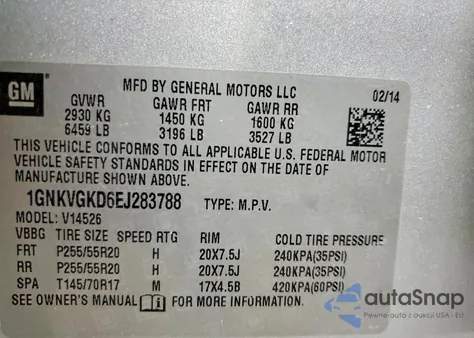 2014 Chevrolet Traverse Lt z USA, uszkodzony, nr VIN 1GNKVGKD6EJ283788